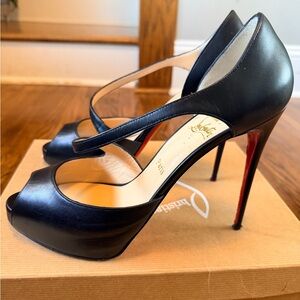 Christian Louboutin Black Leather Cross Prive Peep Toe Heels
